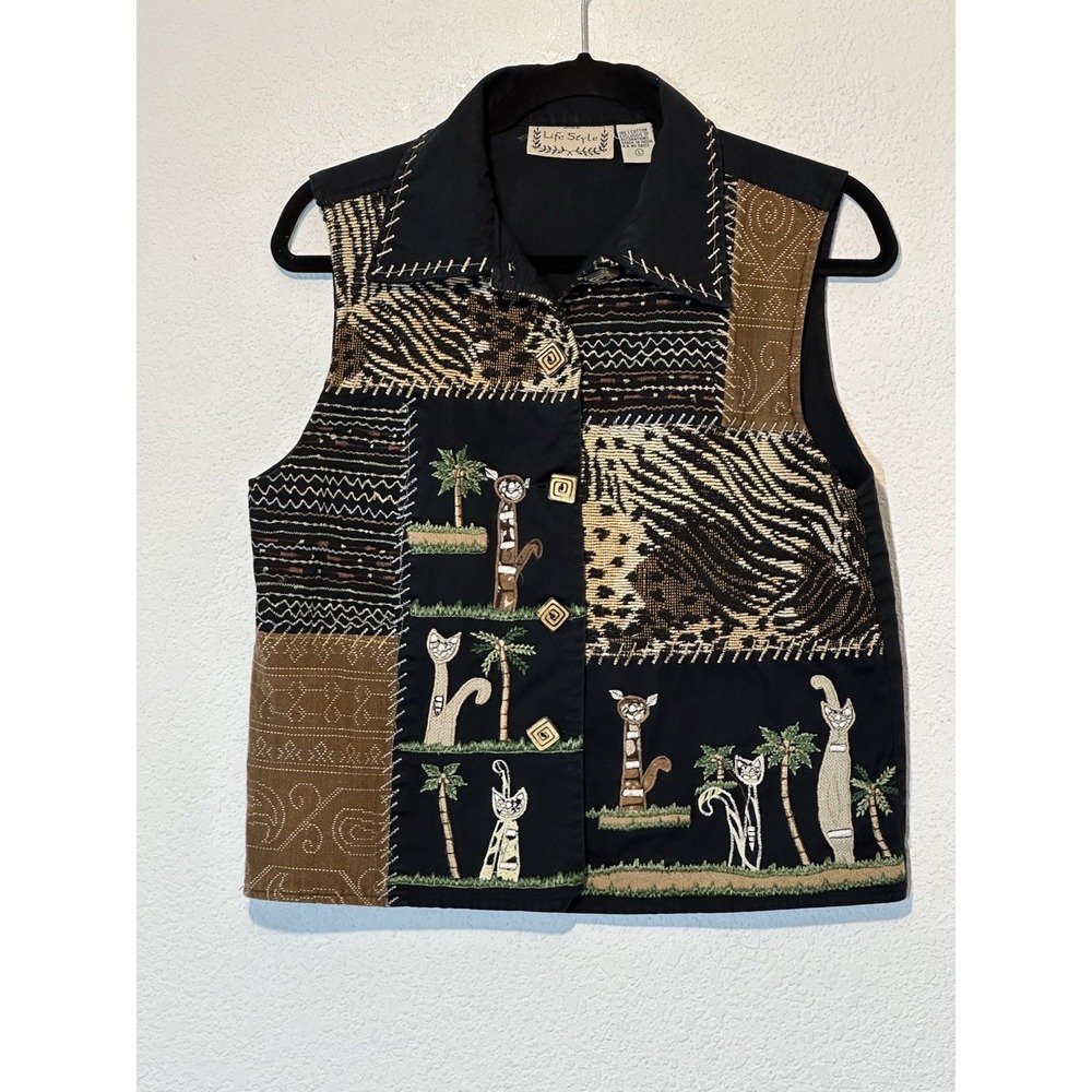 Vtg Cat Lover Black Denim Button-Up Vest Shirt Top Women Large Cats Mixed Media